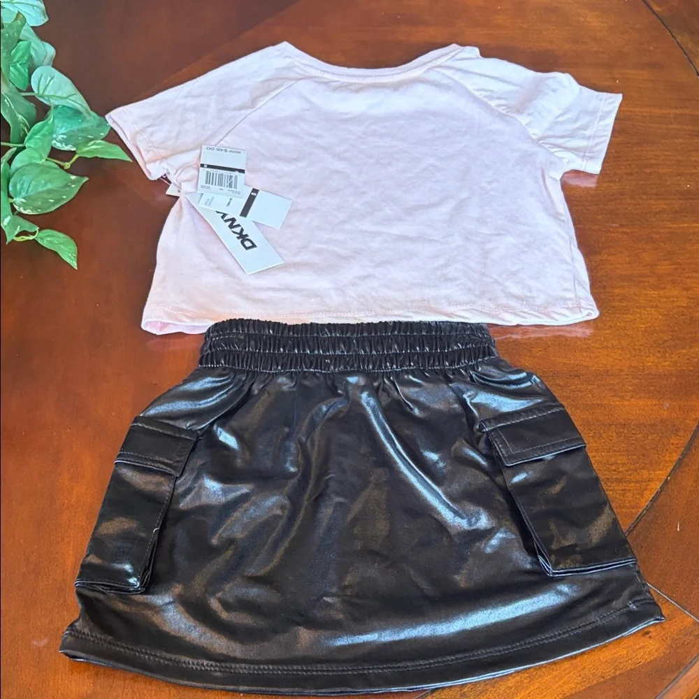 DKNY Light Pink Studded Heart Crop Tee with Black Faux Leather Cargo Skirt - Picture 6 of 8